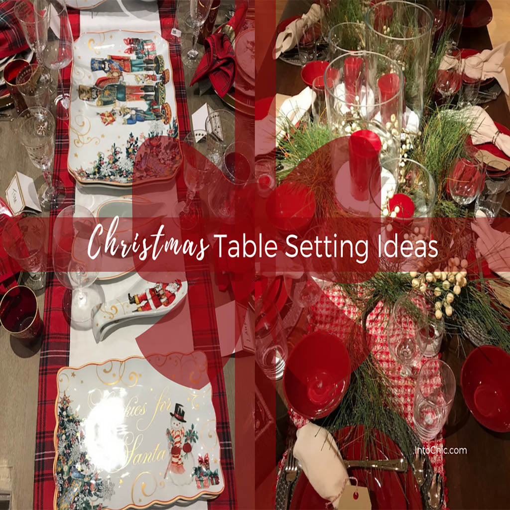 Christmas table setting in the back of the pic. Tones red and white. There is a ribbon cover the photo like a gift and in white letters said Christmas table settings